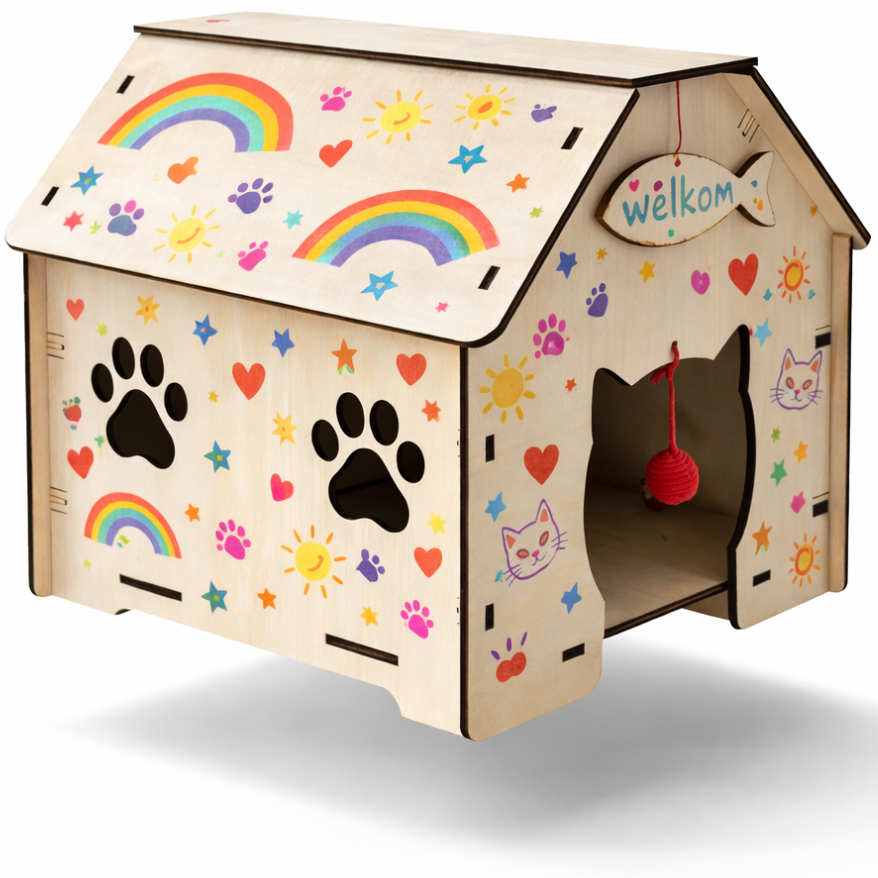DIY houten kattenhuisje versierbaar met whiteboard stiften.