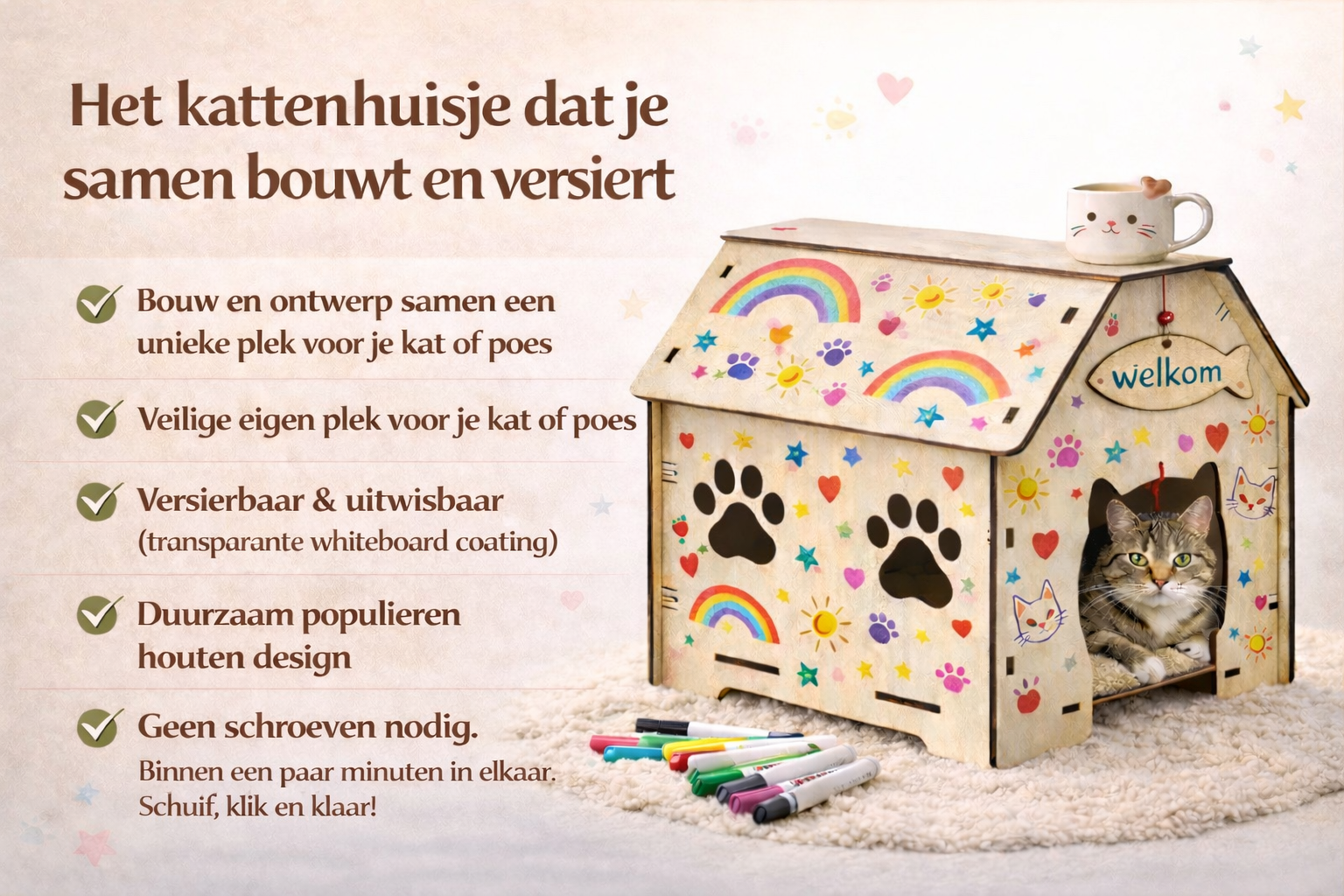 Het kattenhuisje dat je samen bouwt en versiert