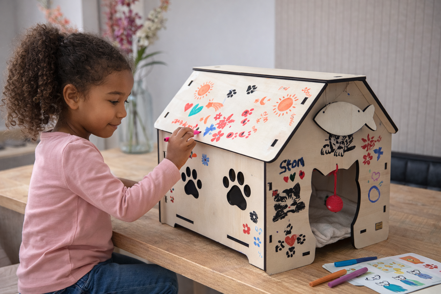 CatCabin kattenhuisje versieren aan knutseltafel.