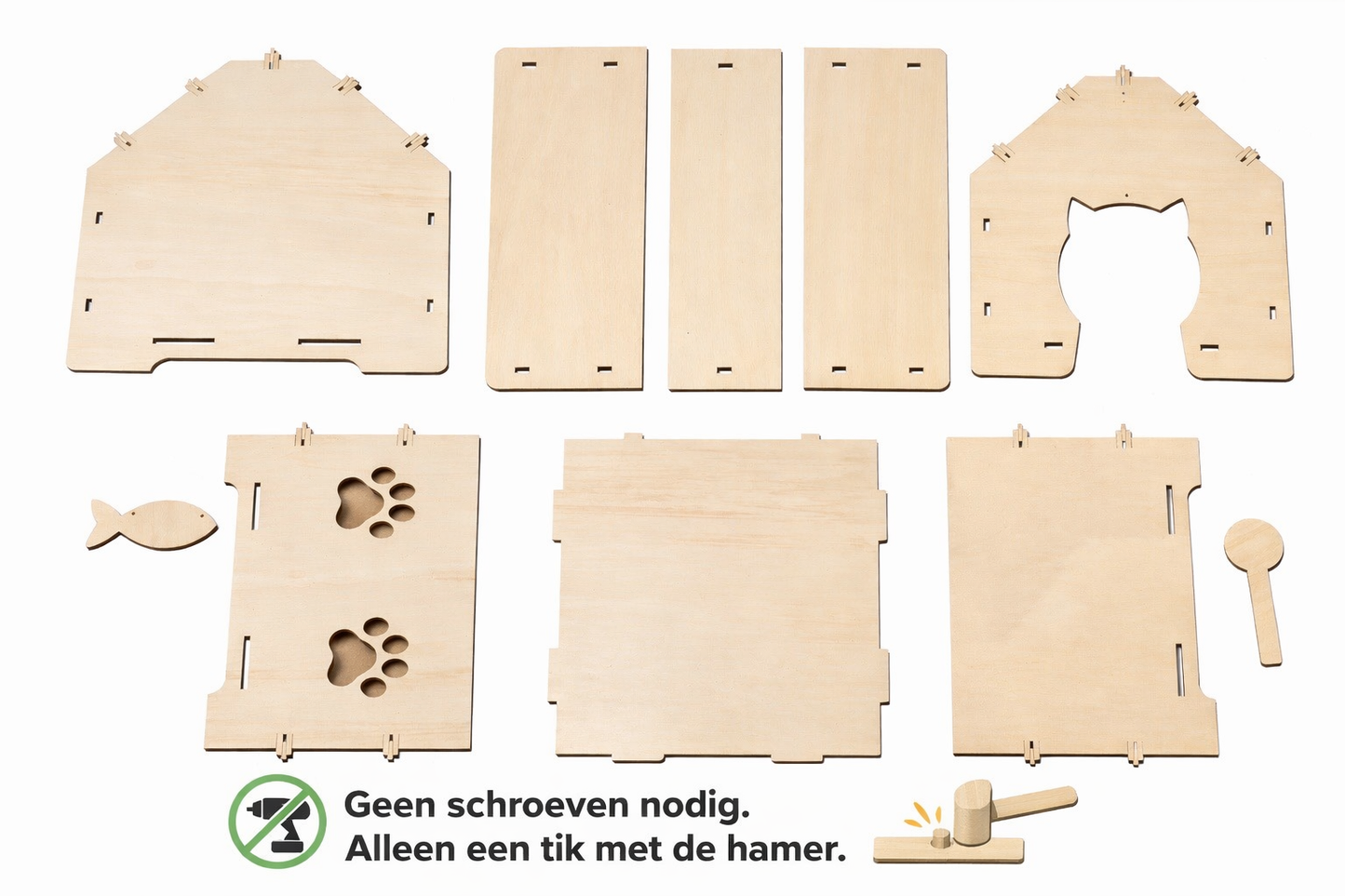 8 panelen in een doos geleverd om zelf je unieke kattenhuisje te bouwen en te ontwerpen.  